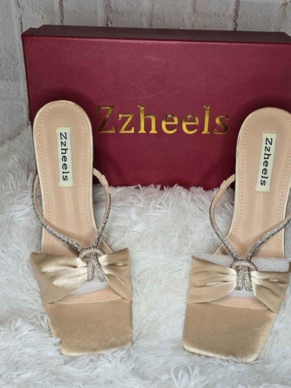 Zzheels Champagne Satin Rhinestone Bow Clear Heel Mules Size 8 NWT